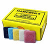 A box of Hancocks Garment Marking Chalk with multiple oblong shaped chalk pieces in different colors displayed in front of the box.