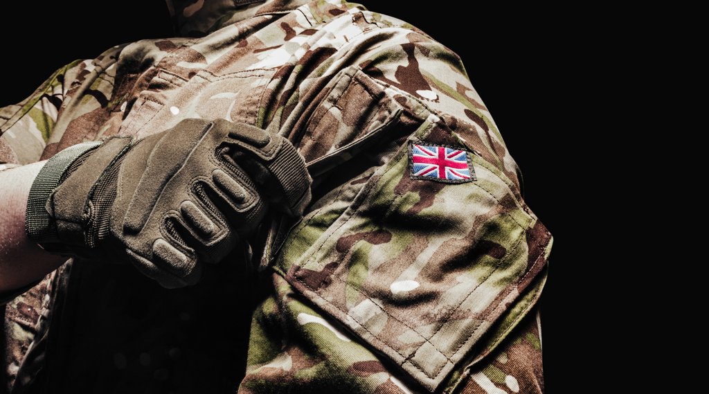 a British soldier adjusting his sleeve pocket