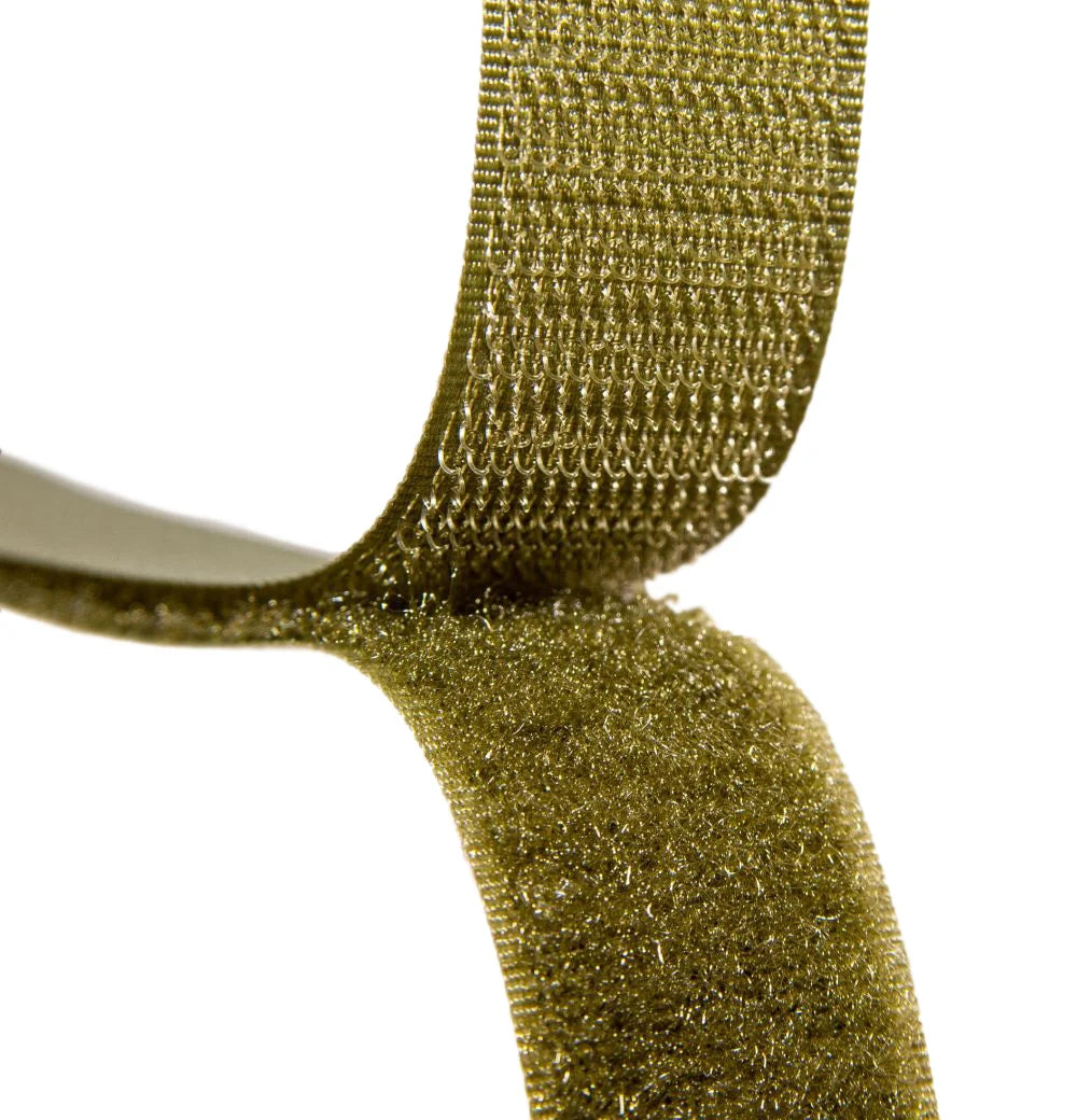 Close-up of a olive green hook-and-loop fastening strap on a plain white background.
