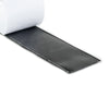 Black HALCO premium adhesive hook and loop tape unrolling from a white roll on a white background
